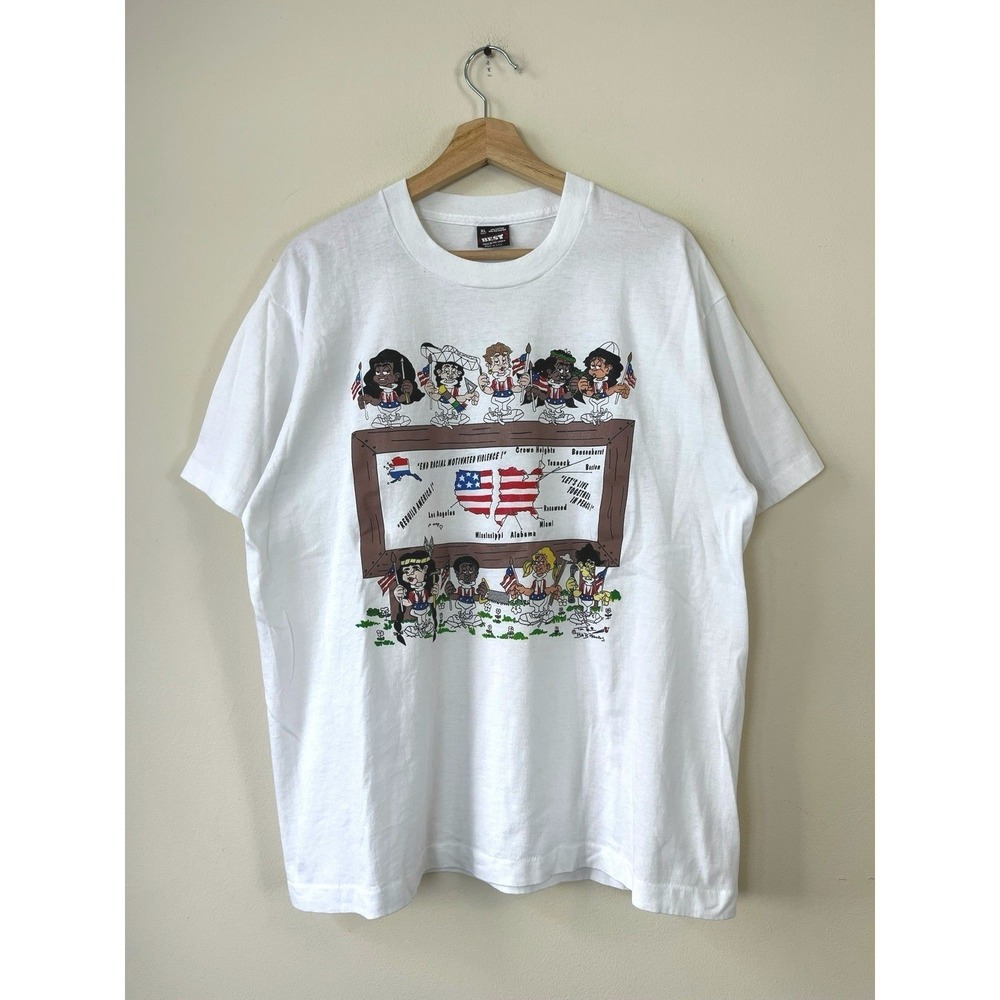 Vintage‎ 90's USA World Peace Love Together Graphic Art White Tee Shirt - XL
